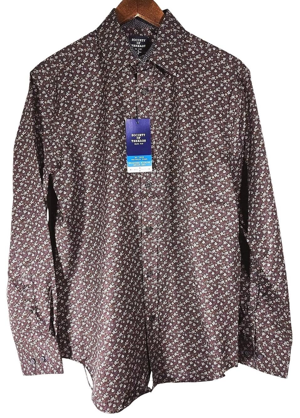 NWT Society of Threads No Iron Stretch Brown Floral Shirt M
